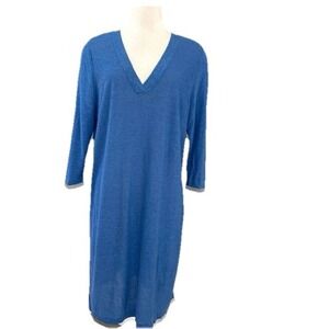 J Jill Womens Plus L Blue Linen Blend‎ Long Mid Length Tunic Top Shirt V Neck